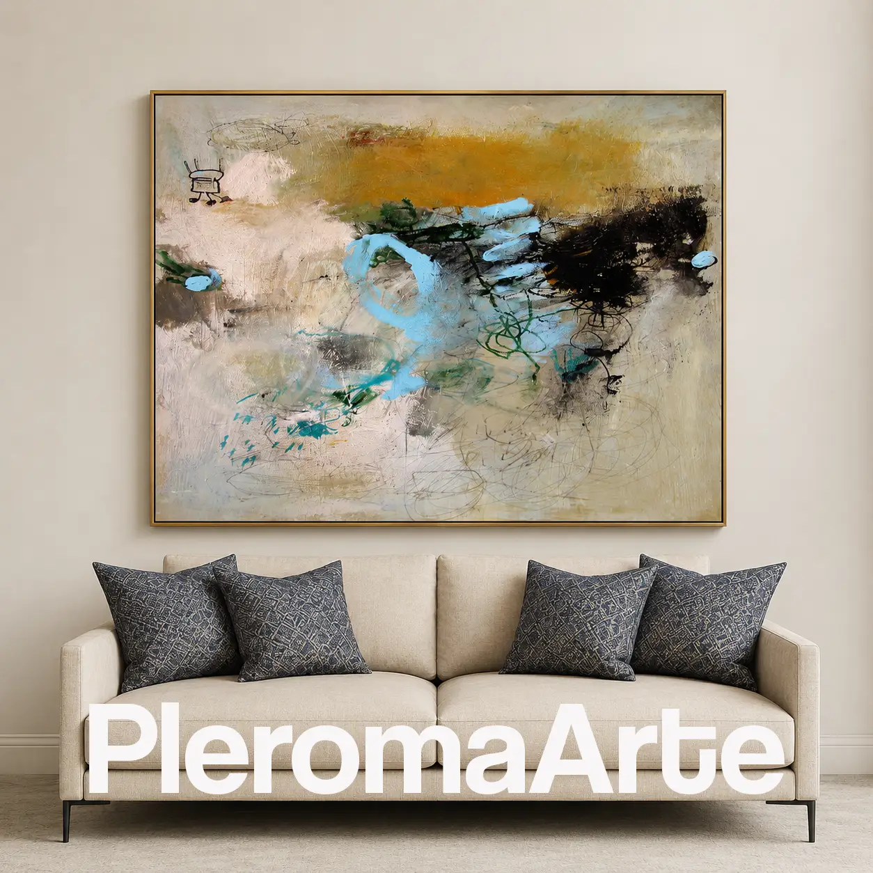 Horizonte Vivo - Cuadro Decorativo Contemporáneo en ocre, azul, turquesa y negro