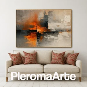 Núcleo de Fuego - Cuadro al Óleo Contemporáneo en gris, marfil, naranja quemado, terracota y negro
