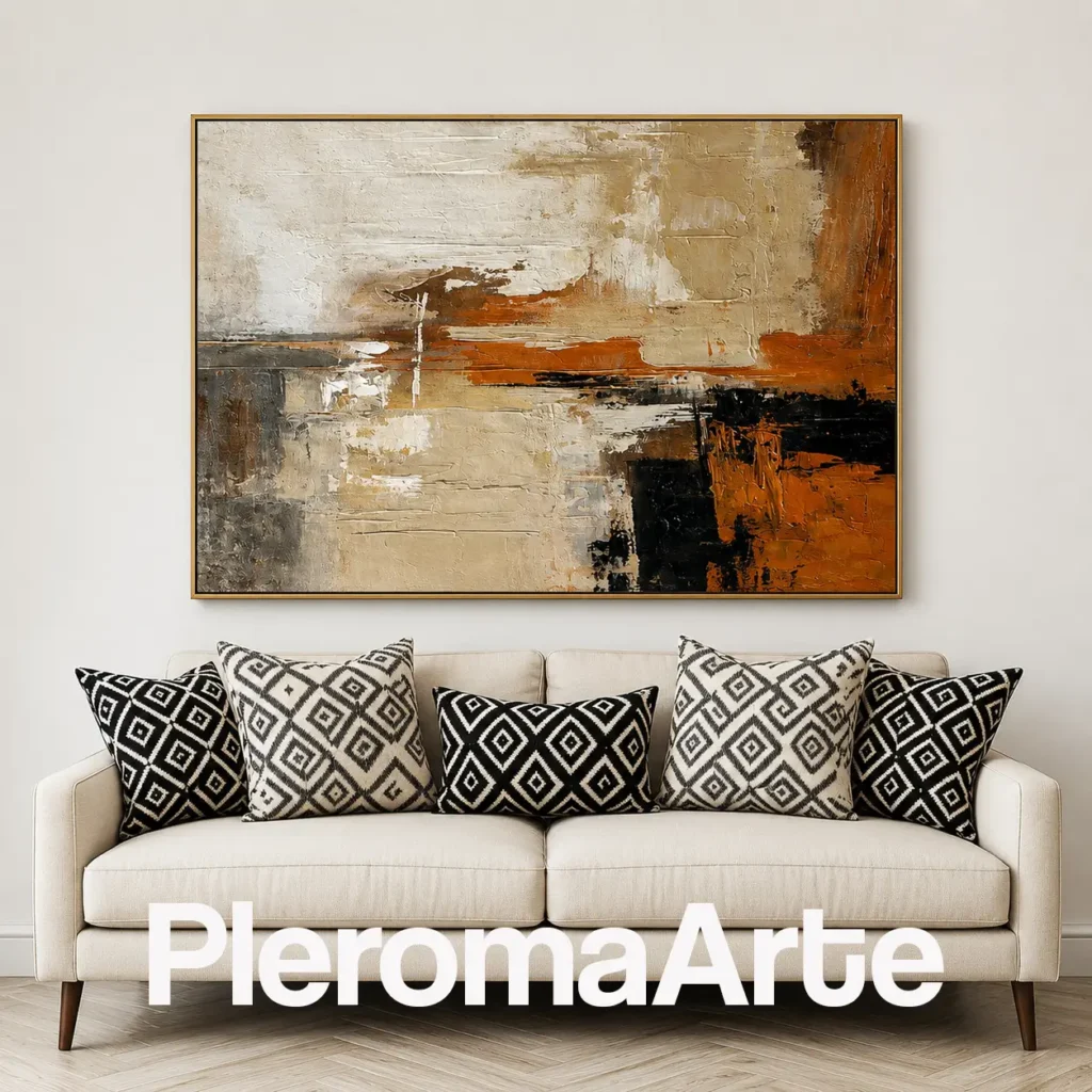 Materia Encendida - Cuadro al Óleo Contemporáneo en beige, gris, naranja quemado, siena y negro