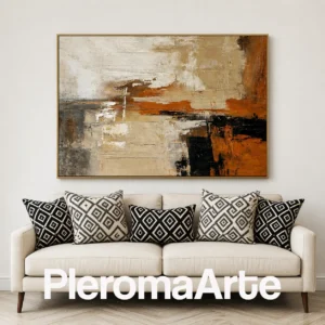 Materia Encendida - Cuadro al Óleo Contemporáneo en beige, gris, naranja quemado, siena y negro