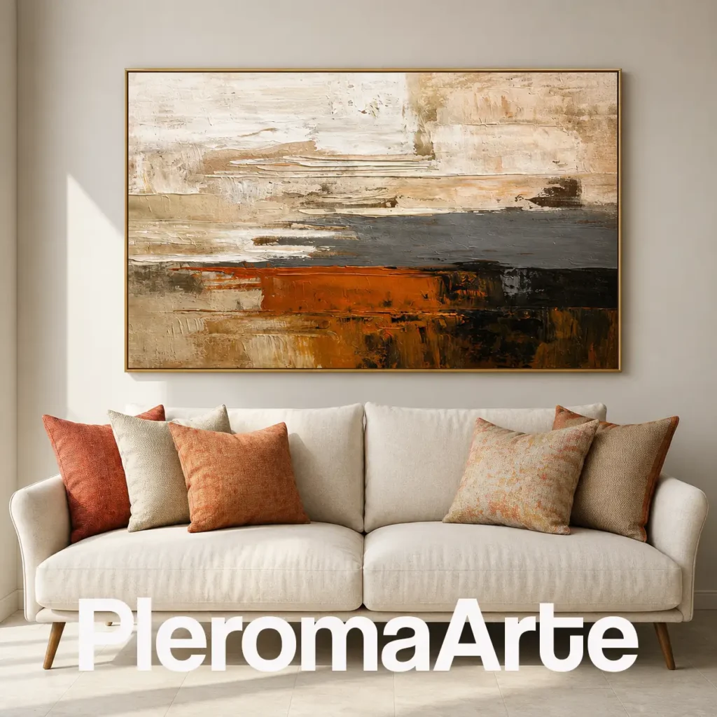 Horizonte de Ámbar - Cuadro al Óleo Contemporáneo en naranja quemado, beige, gris, marrón y negro
