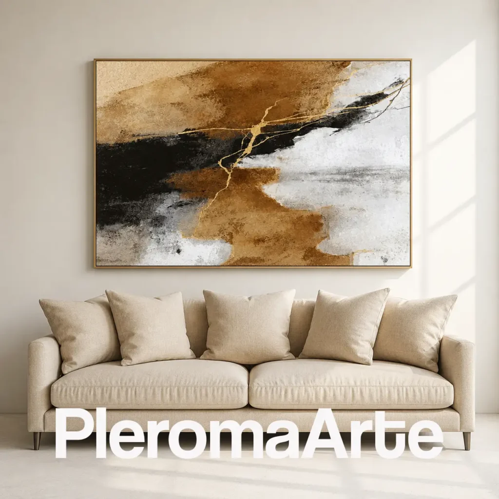 Fractura Áurea - Cuadro al Óleo Contemporáneo en negro, blanco, beige, siena y dorado