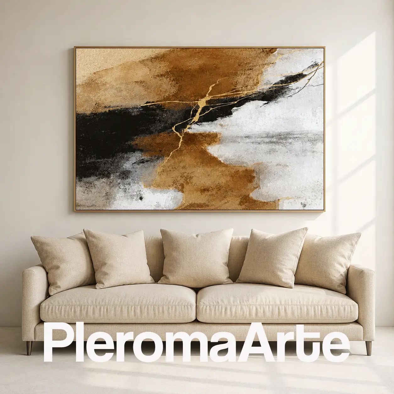 Fractura Áurea - Cuadro al Óleo Contemporáneo en negro, blanco, beige, siena y dorado