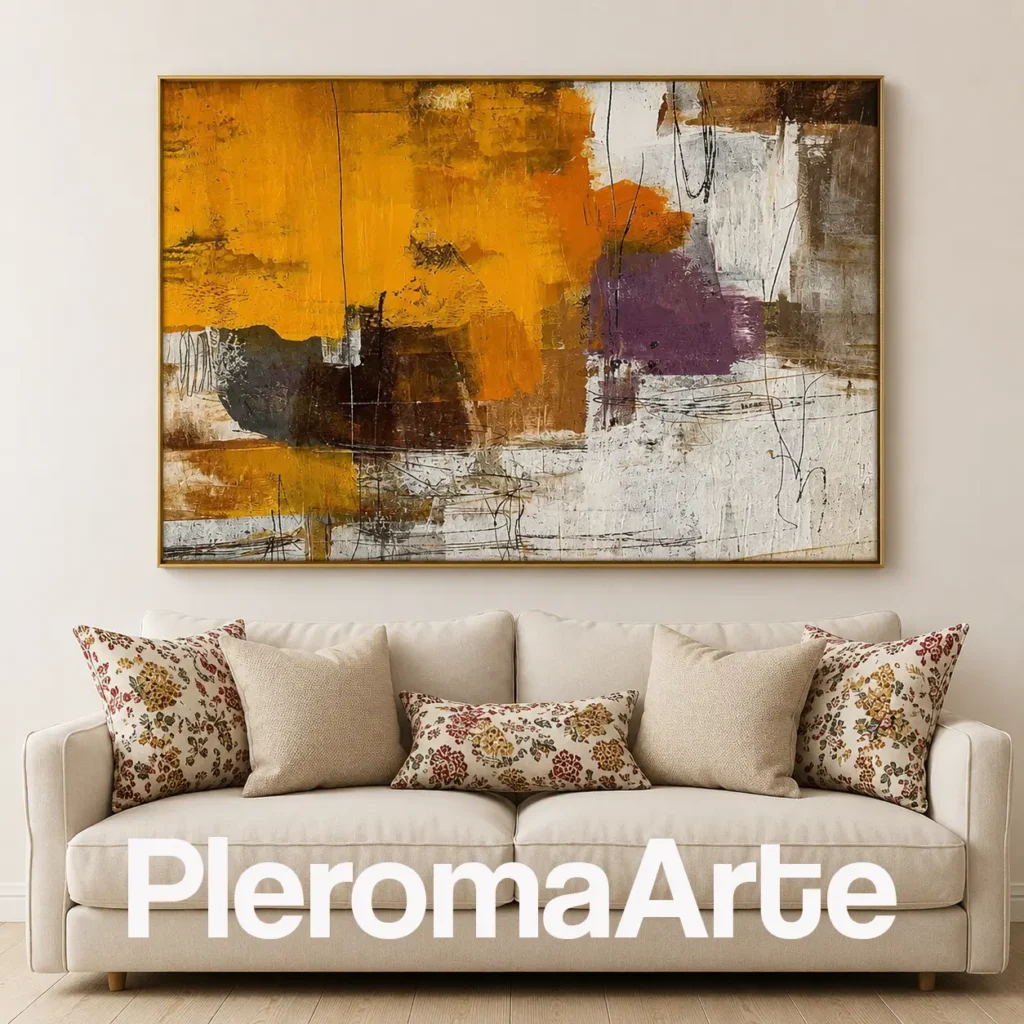 Tierra de Luz - Cuadro Decorativo Contemporáneo en ocre, mostaza, blanco y ciruela