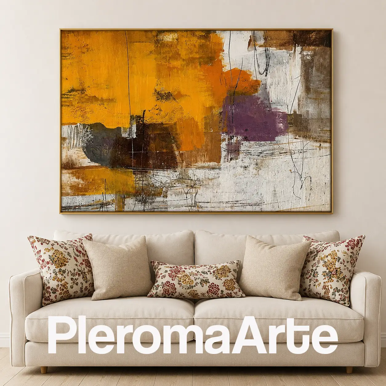 Tierra de Luz - Cuadro Decorativo Contemporáneo en ocre, mostaza, blanco y ciruela
