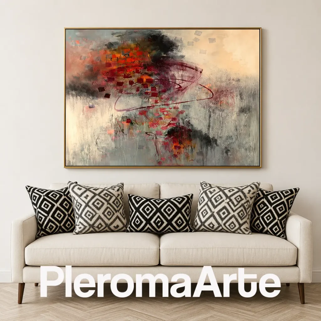 Pulso Carmesí - Cuadro al Óleo Contemporáneo en rojo carmesí, borgoña, gris, crema y negro