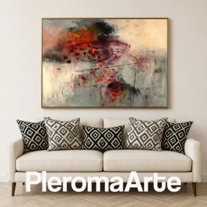 Pulso Carmesí - Cuadro al Óleo Contemporáneo en rojo carmesí, borgoña, gris, crema y negro