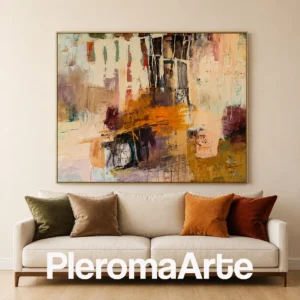 Luz entre Capas - Pintura al Óleo Contemporánea en naranja quemado, crema, borgoña, gris y negro