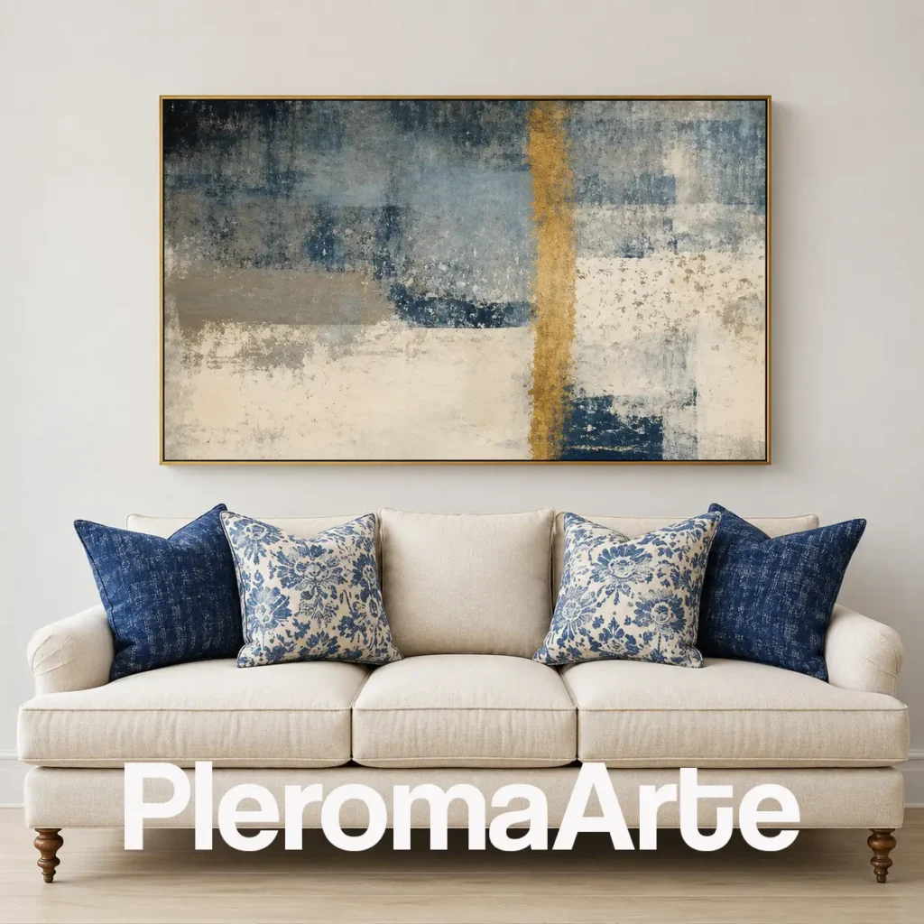 Eje Dorado - Cuadro Moderno Contemporáneo en azul grisáceo, marfil, gris y ocre dorado
