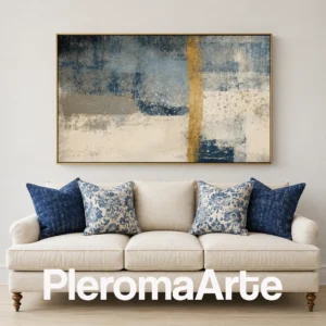 Eje Dorado - Cuadro Moderno Contemporáneo en azul grisáceo, marfil, gris y ocre dorado