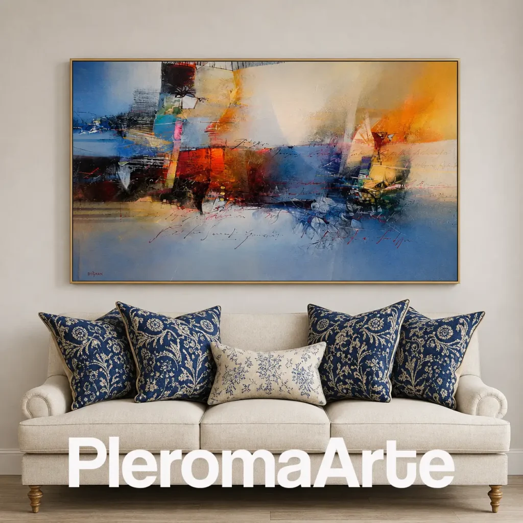 Horizonte Encendido - Cuadro para Sala Contemporáneo en azul, naranja, terracota, rojo y marfil
