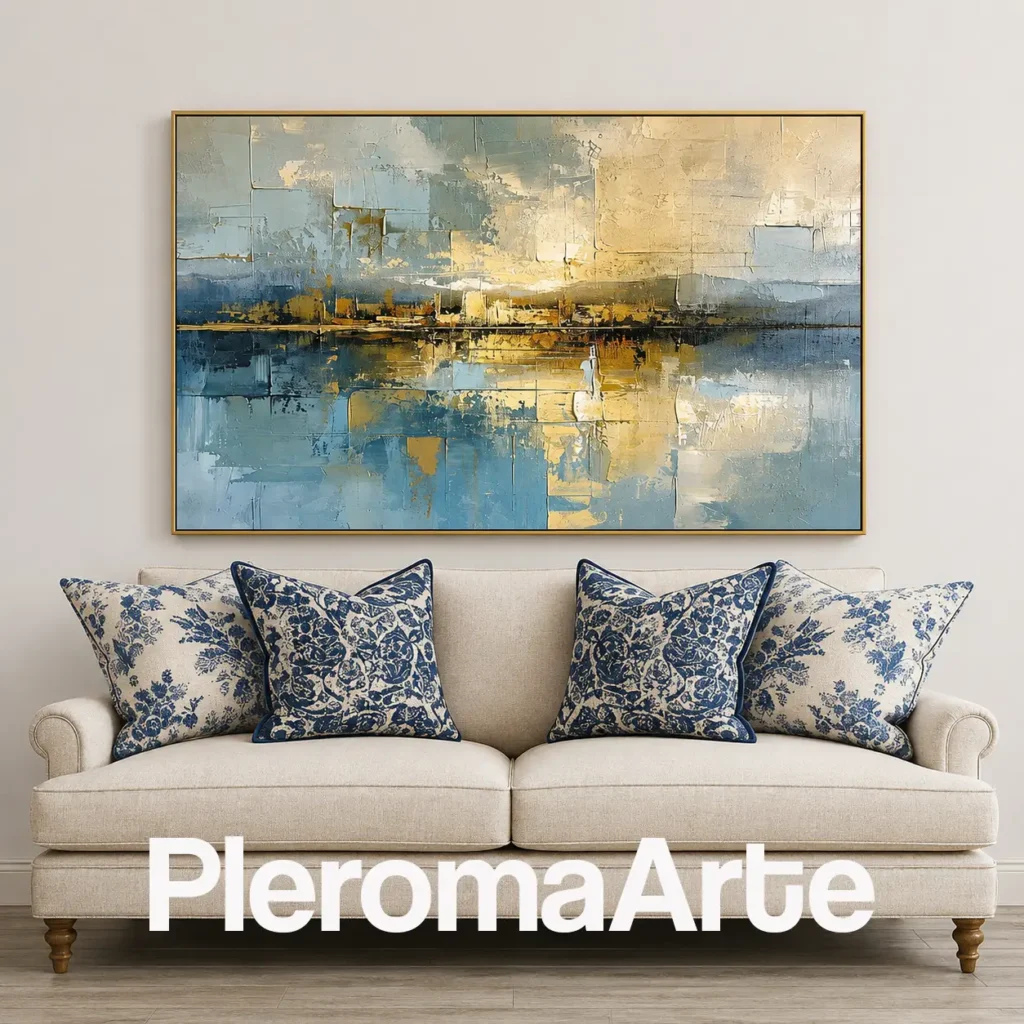 Reflejo Dorado - Cuadro para Sala Contemporáneo en azul grisáceo, celeste, crema y dorado