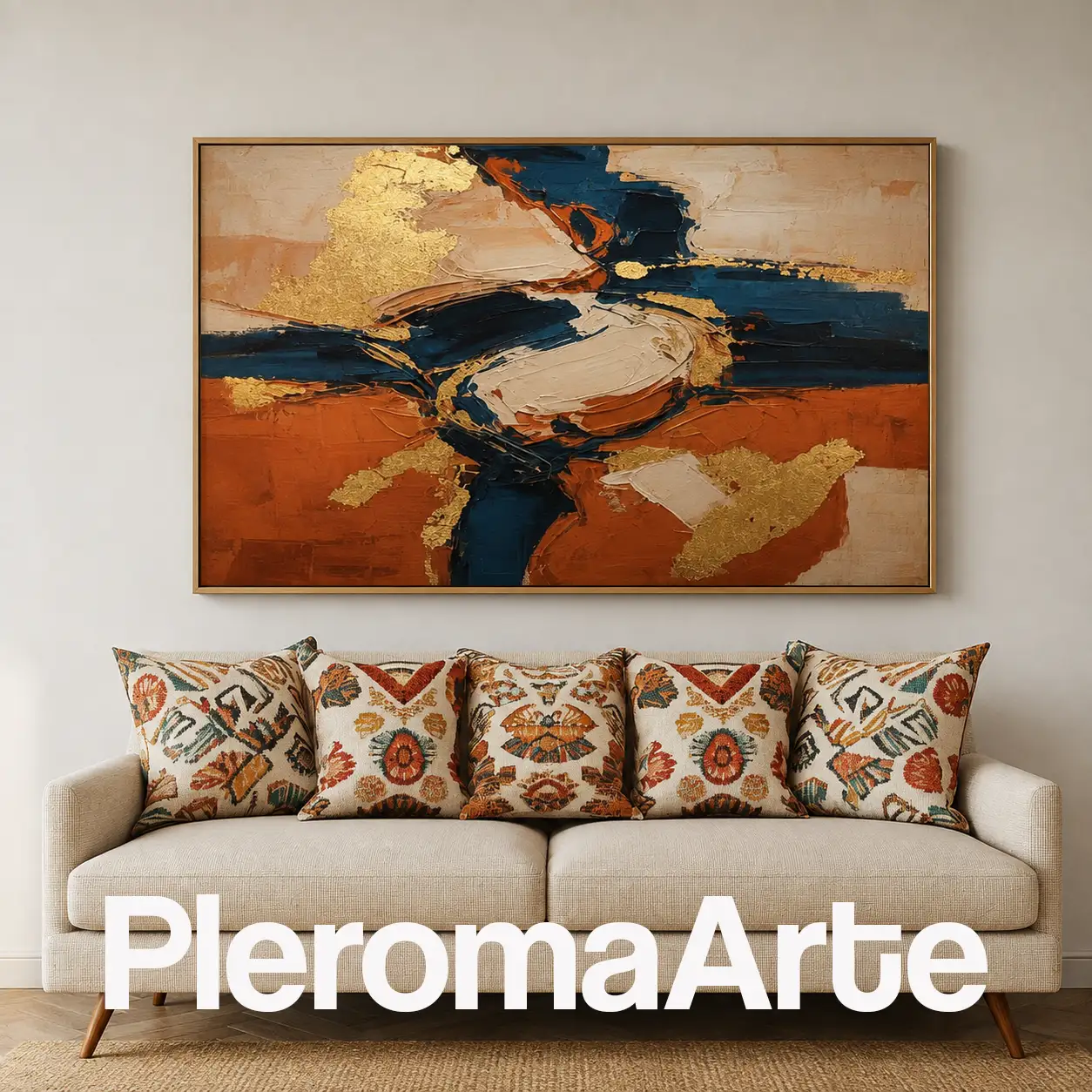Núcleo Dorado - Cuadro Decorativo Contemporáneo en azul marino, terracota, crema y dorado