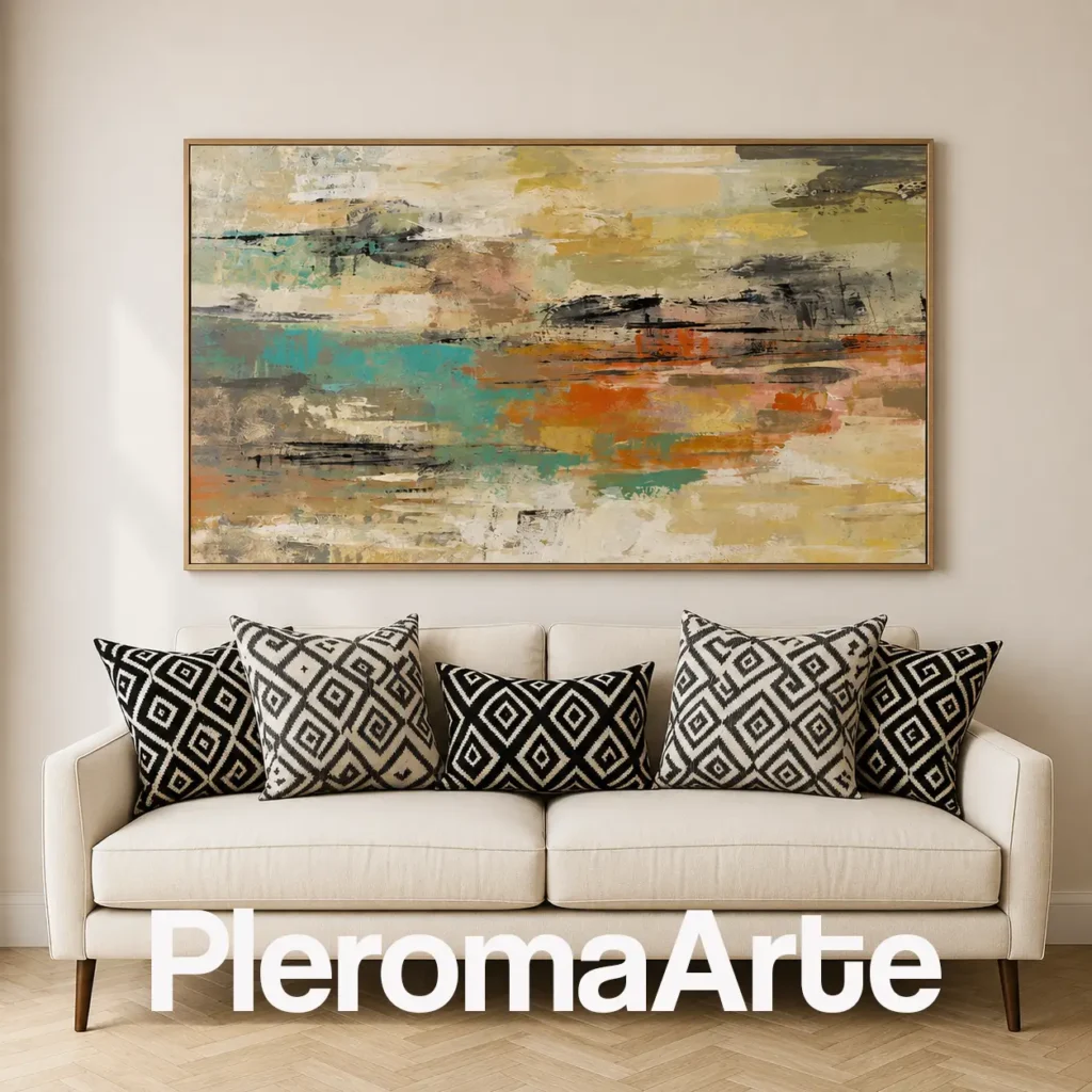 Encuentro Luminoso - Cuadro para Sala Contemporáneo en turquesa, ocre, naranja y beige