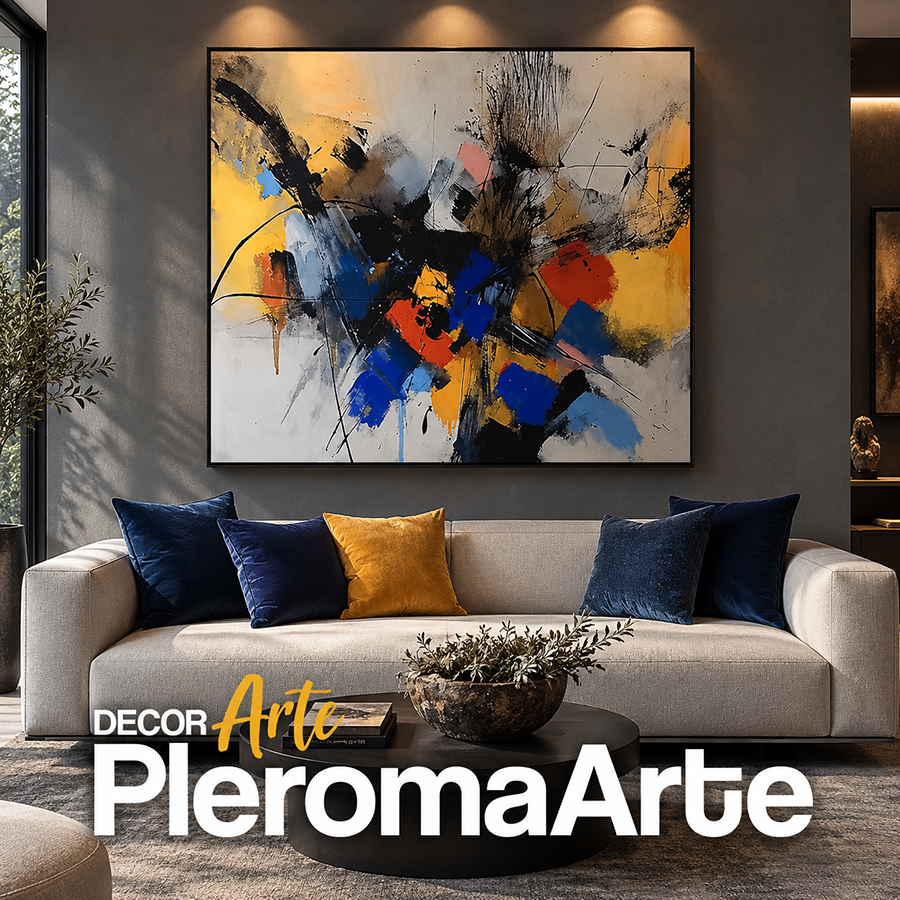 Cuadro al óleo azul, amarillo y negro sobre sofá claro con cojines coordinados