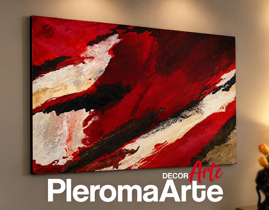 Cuadro al óleo abstracto rojo, negro y blanco con pinceladas expresivas