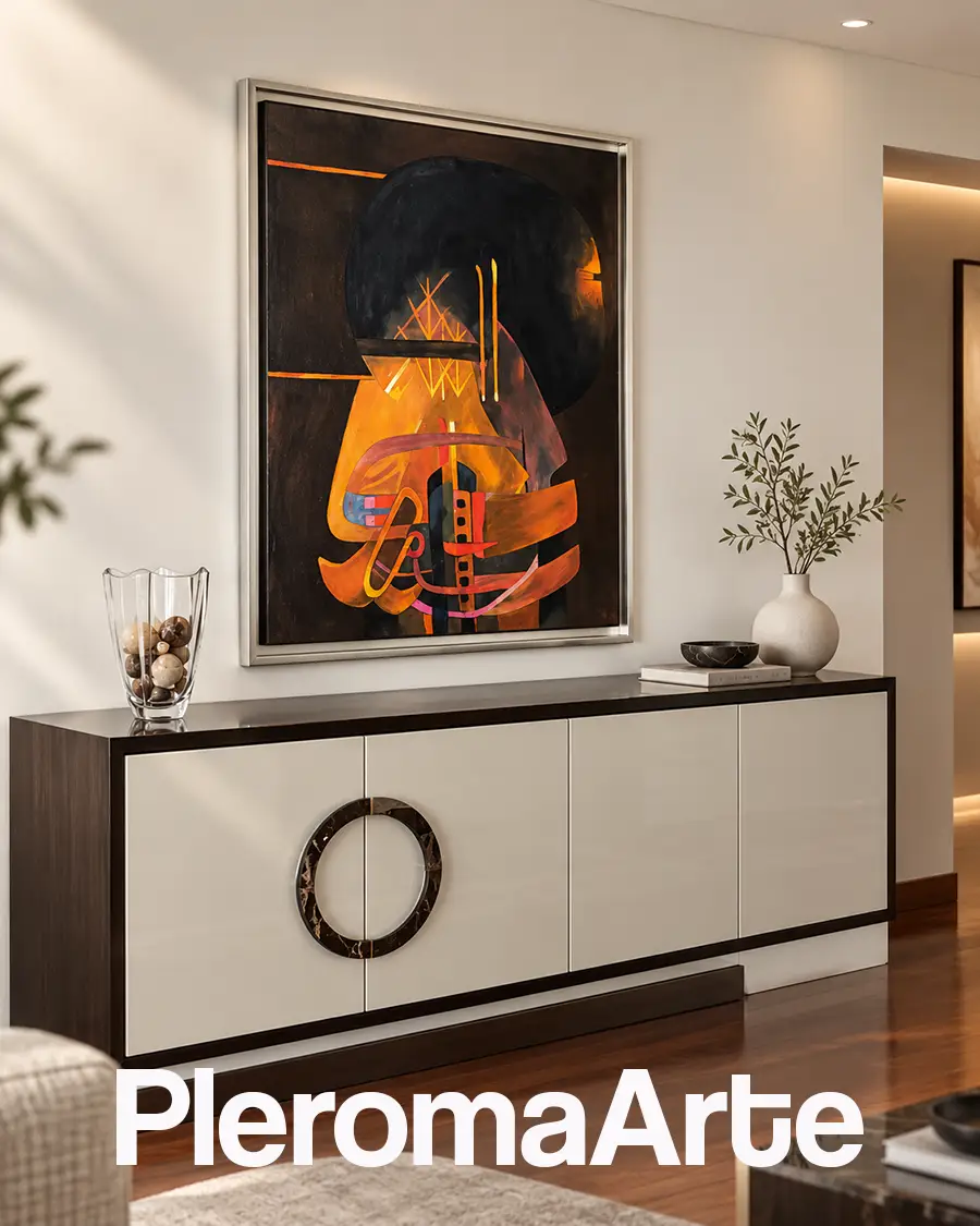 Cuadros modernos en colores cálidos en el aparador moderno