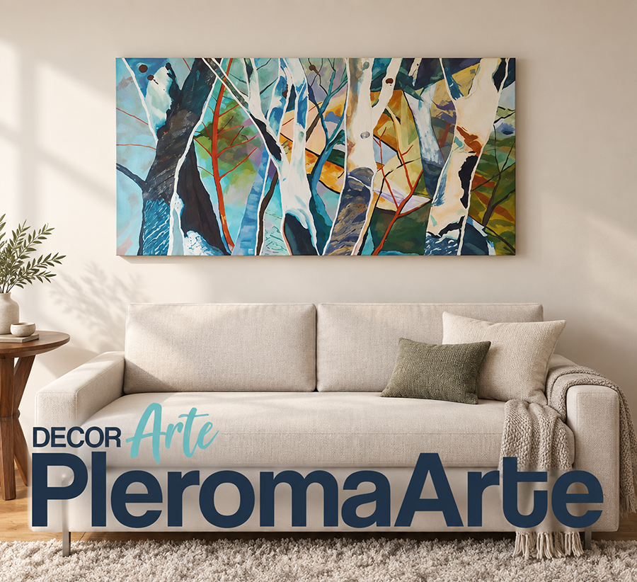Pintura al óleo abstracta de colores azules, verdes y ocres sobre sofá claro en sala contemporánea