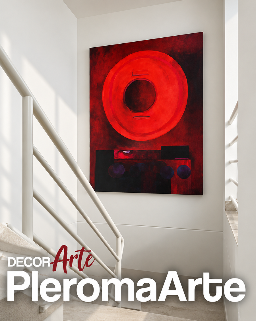 Cuadro al óleo rojo de formato vertical instalado junto a una escalera